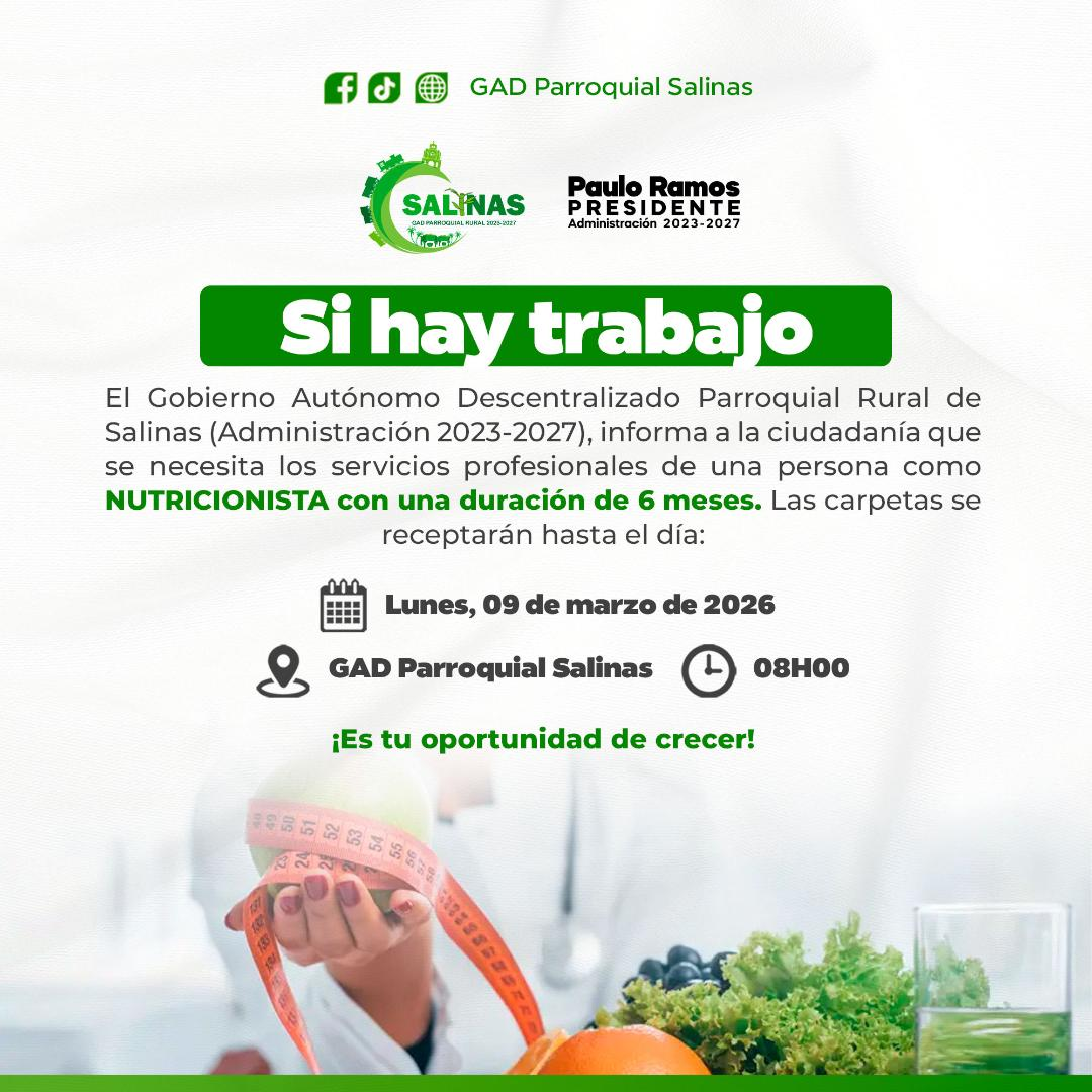 Convocatoria para Nutricionista en Salinas 2026